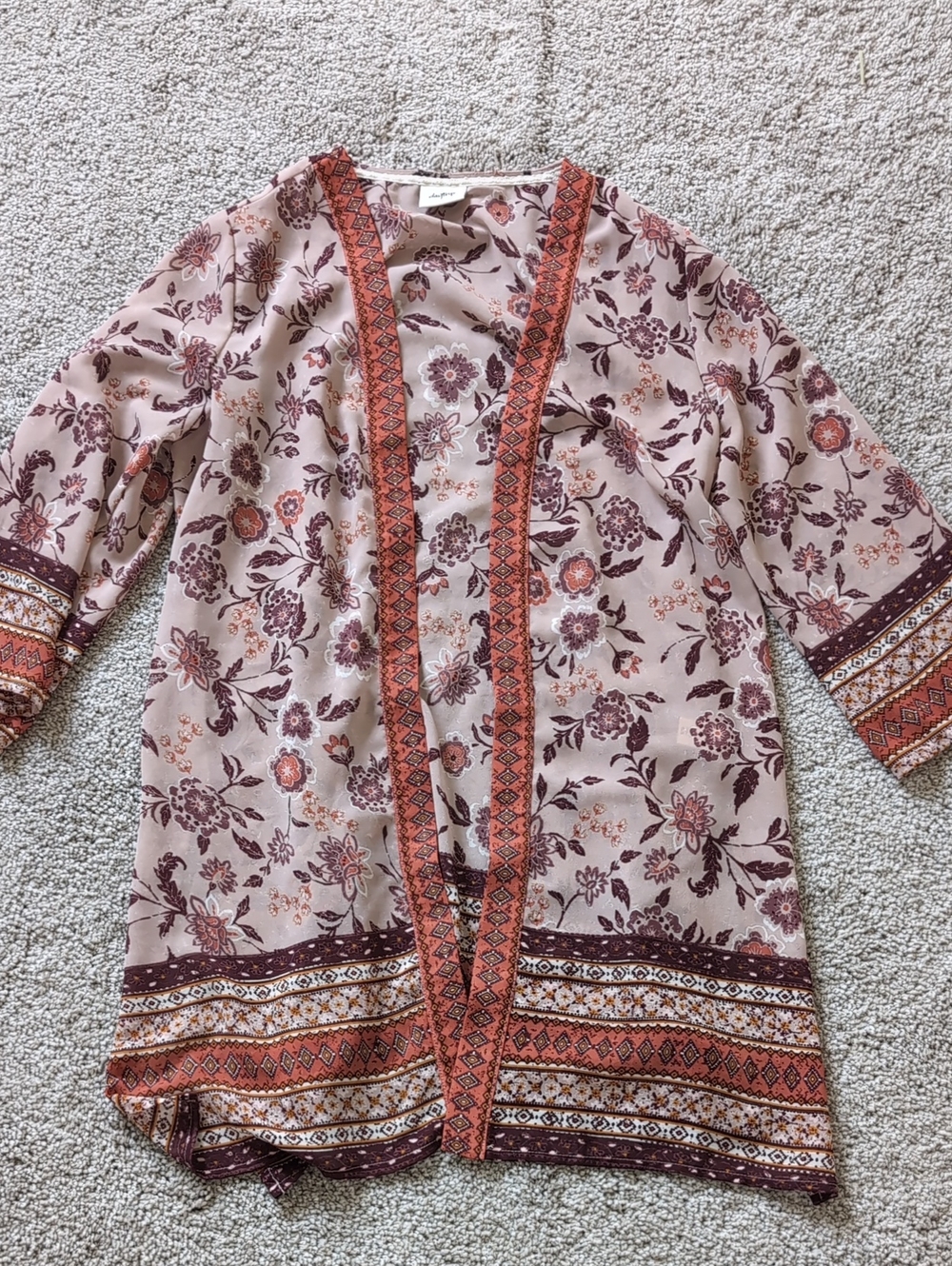 Daytrip Mauve Floral Open-Front Kimono with Rust Trim